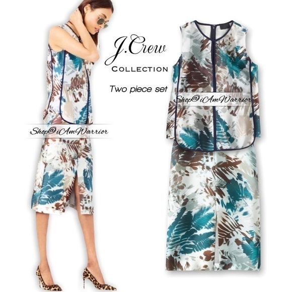 J.Crew Collection rare 2pc silk blend abstract foliage print top+midi skirt - Picture 3 of 16